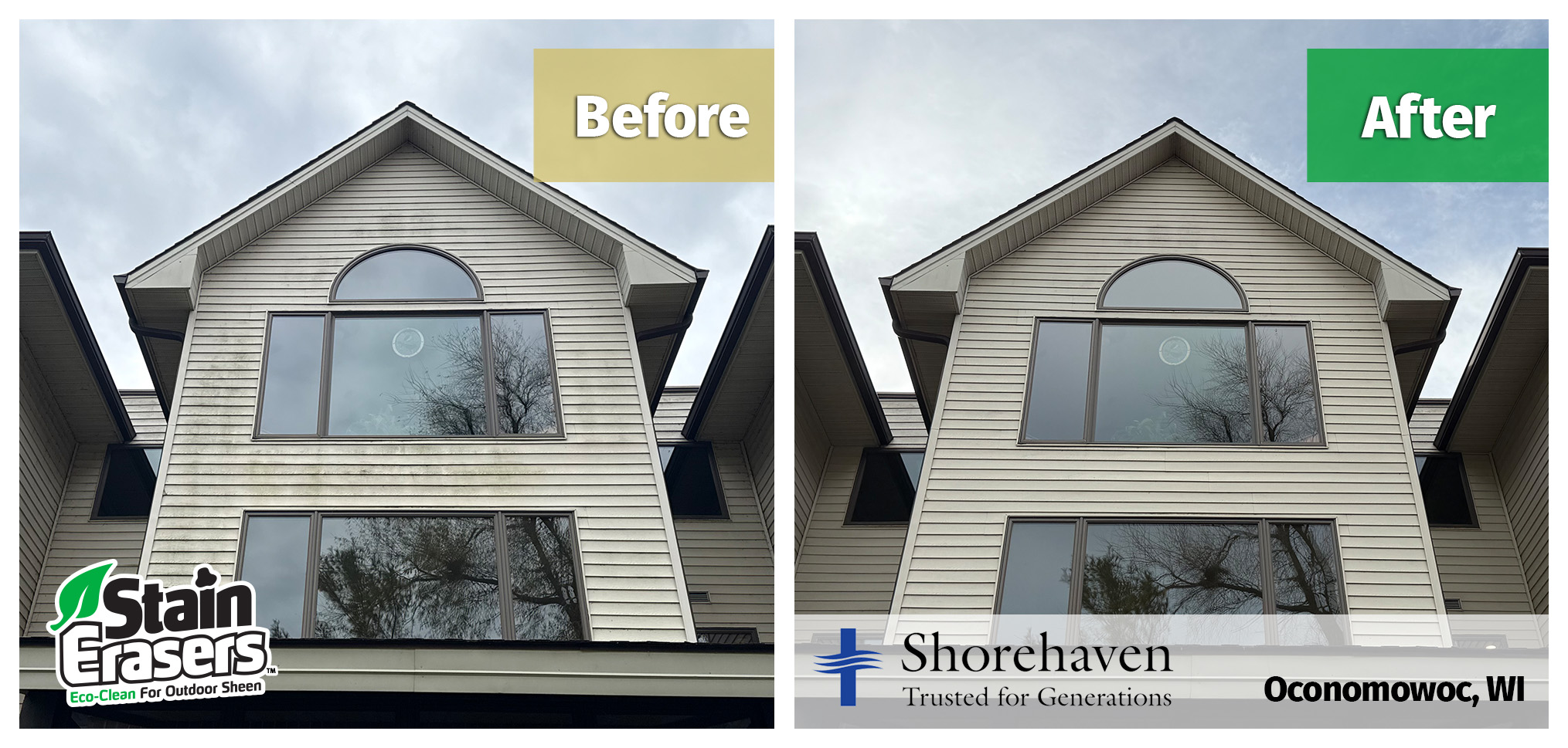 Before and after exterior cleaning at Shorehaven