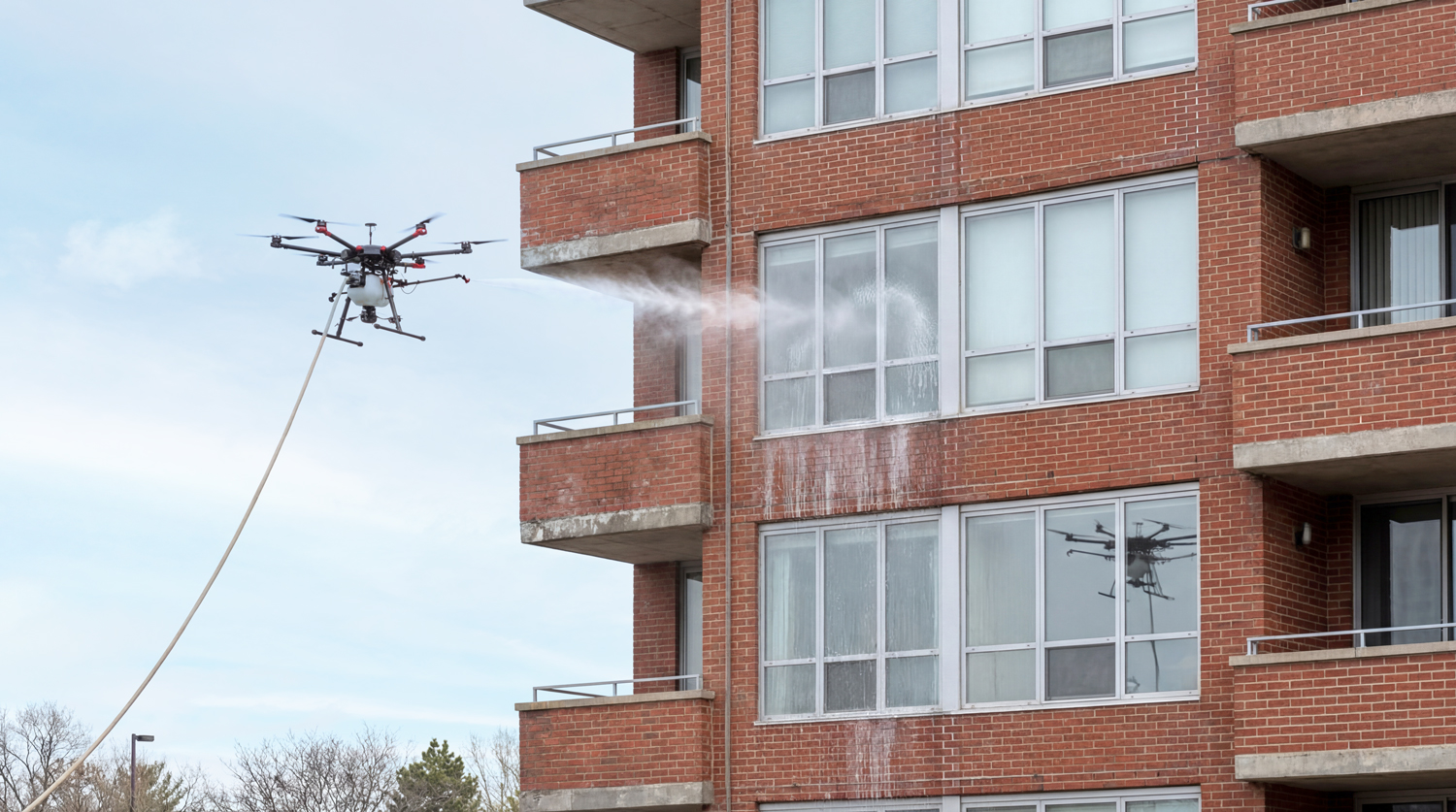 Drone cleaning the upper windows of a brick building