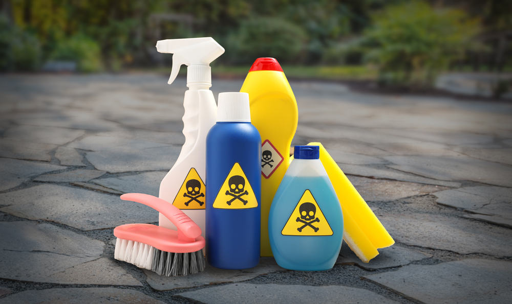 Various Chemicals with Hazardous Labels on them