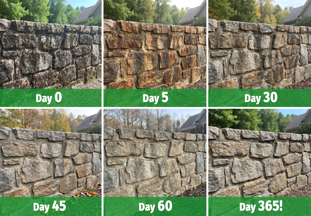Stone wall time lapse: Day 0 through Day 365 — stains progressively eliminated and kept away